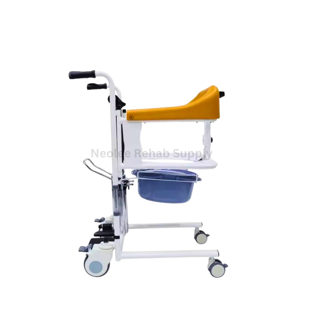 Side view of Neo Transfer Chair 3.0 with hydraulic height adjustment, removable commode bucket and caster wheels.