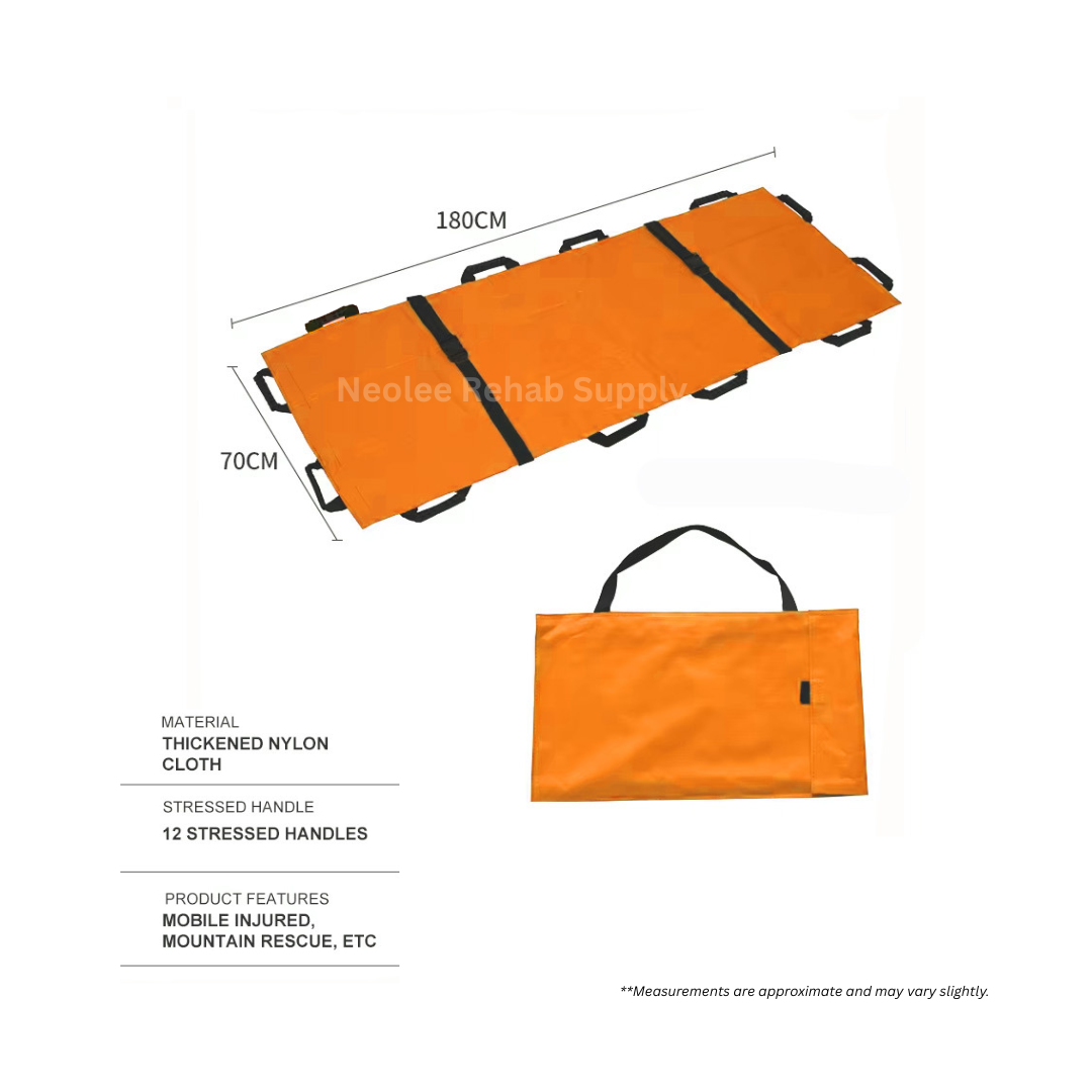 Portable patient transfer sheet with foldable storage design and dimensions displayed, suitable for emergency rescue, patient transport, and medical evacuation use.