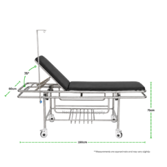 Side-view dimensions of the patient transfer trolley showing its overall length, height and adjustable backrest angle.