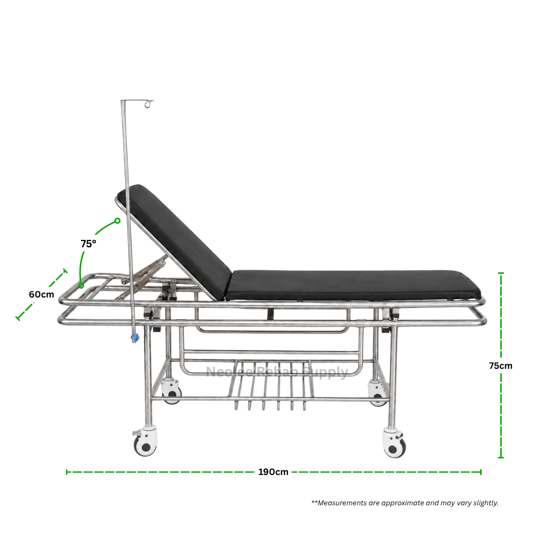 Side-view dimensions of the patient transfer trolley showing its overall length, height and adjustable backrest angle.