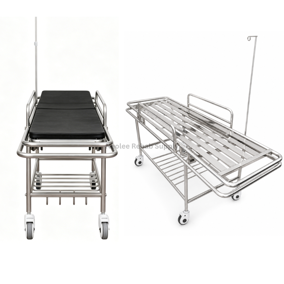 Front and three-quarter views of the patient transfer trolley with and without its black padded mattress.