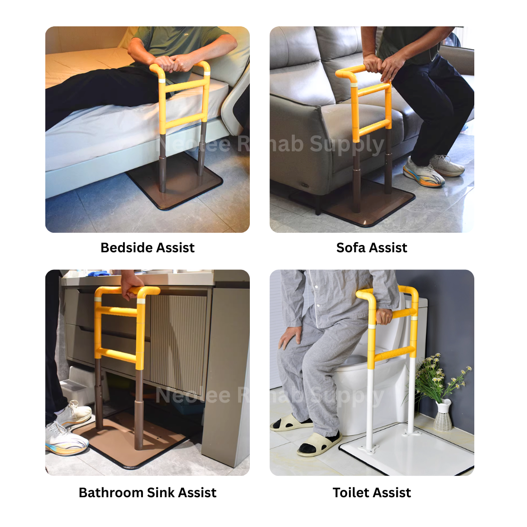 Portable bedside handrail used for bedside support, sofa assistance, bathroom sink support, and toilet assistance for elderly and mobility users.