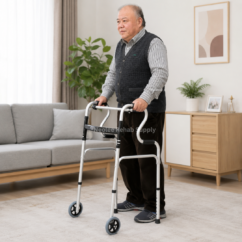 Senior adult using a rise up walker indoors for walking support, balance assistance, and rehabilitation mobility training.