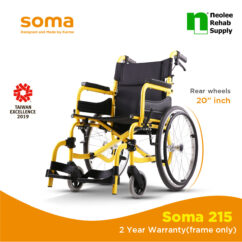 Yellow SOMA 215 lightweight wheelchair 20 inch seat with foldable frame, ergonomic seating, and compact manual wheelchair design for daily mobility use.