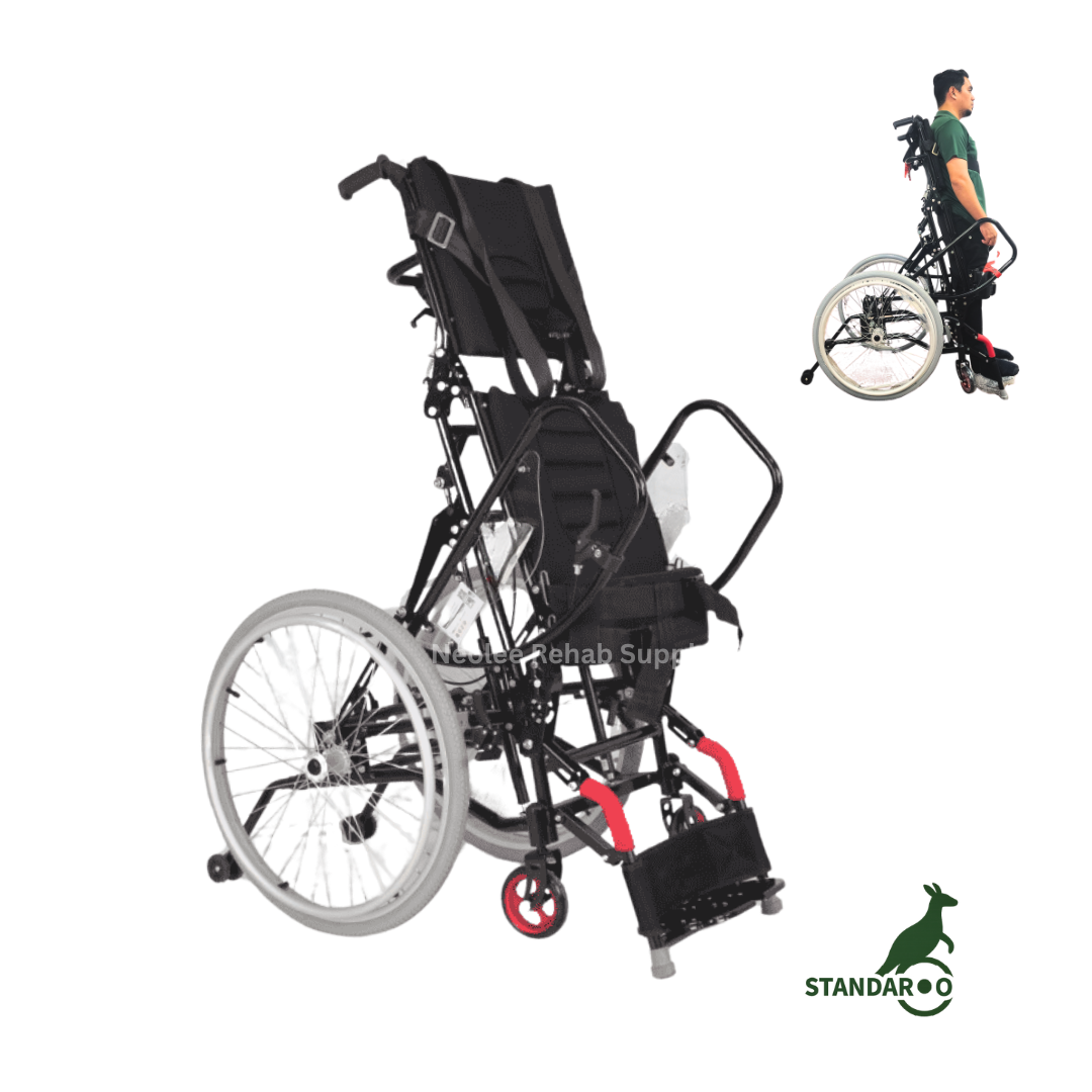 Rear three-quarter folded product image of the Standaroo standing wheelchair showing the standing support frame and compact foldable design.