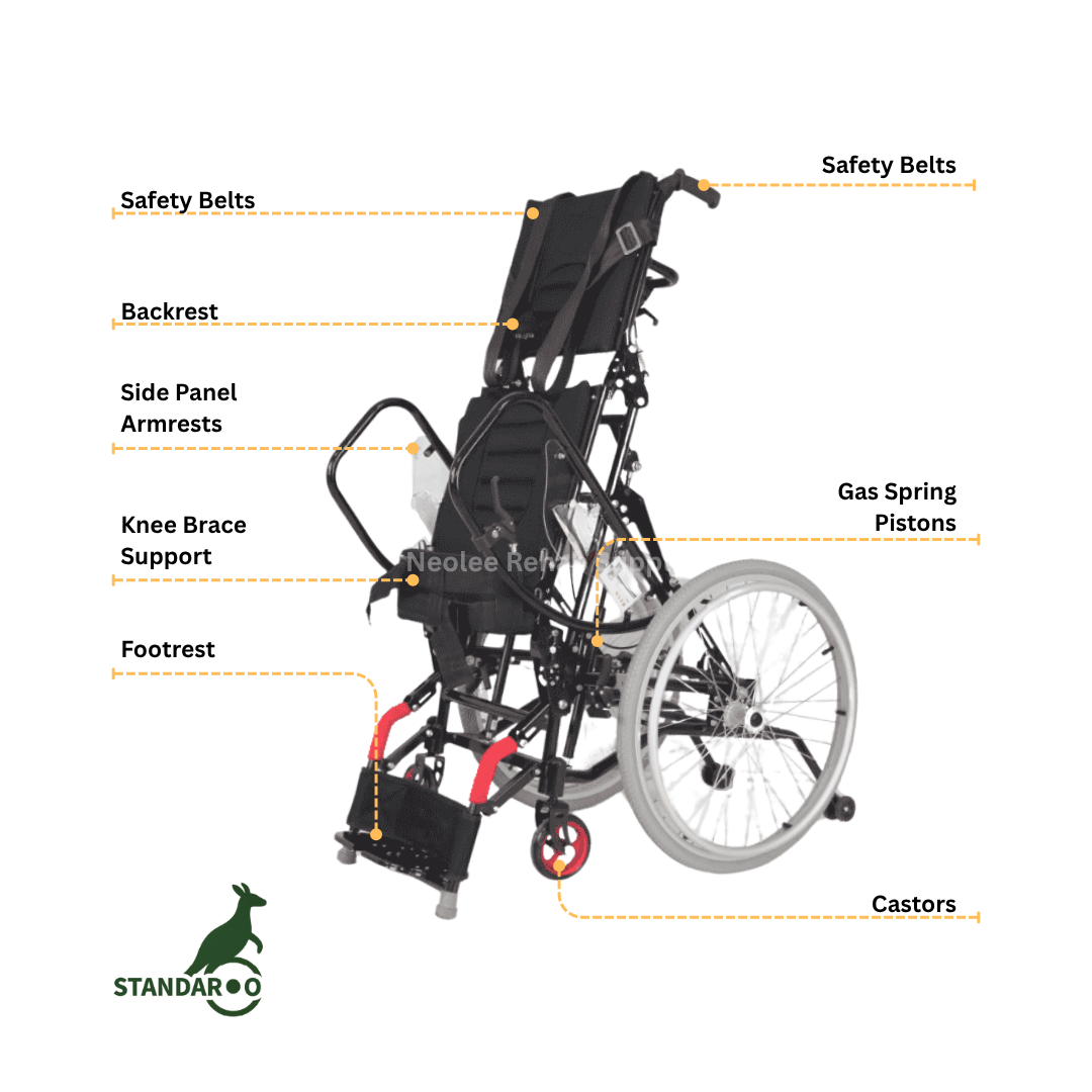 Detailed product diagram of the Standaroo standing wheelchair showing safety straps, footrests, side panels, gas spring support, and standing frame structure.