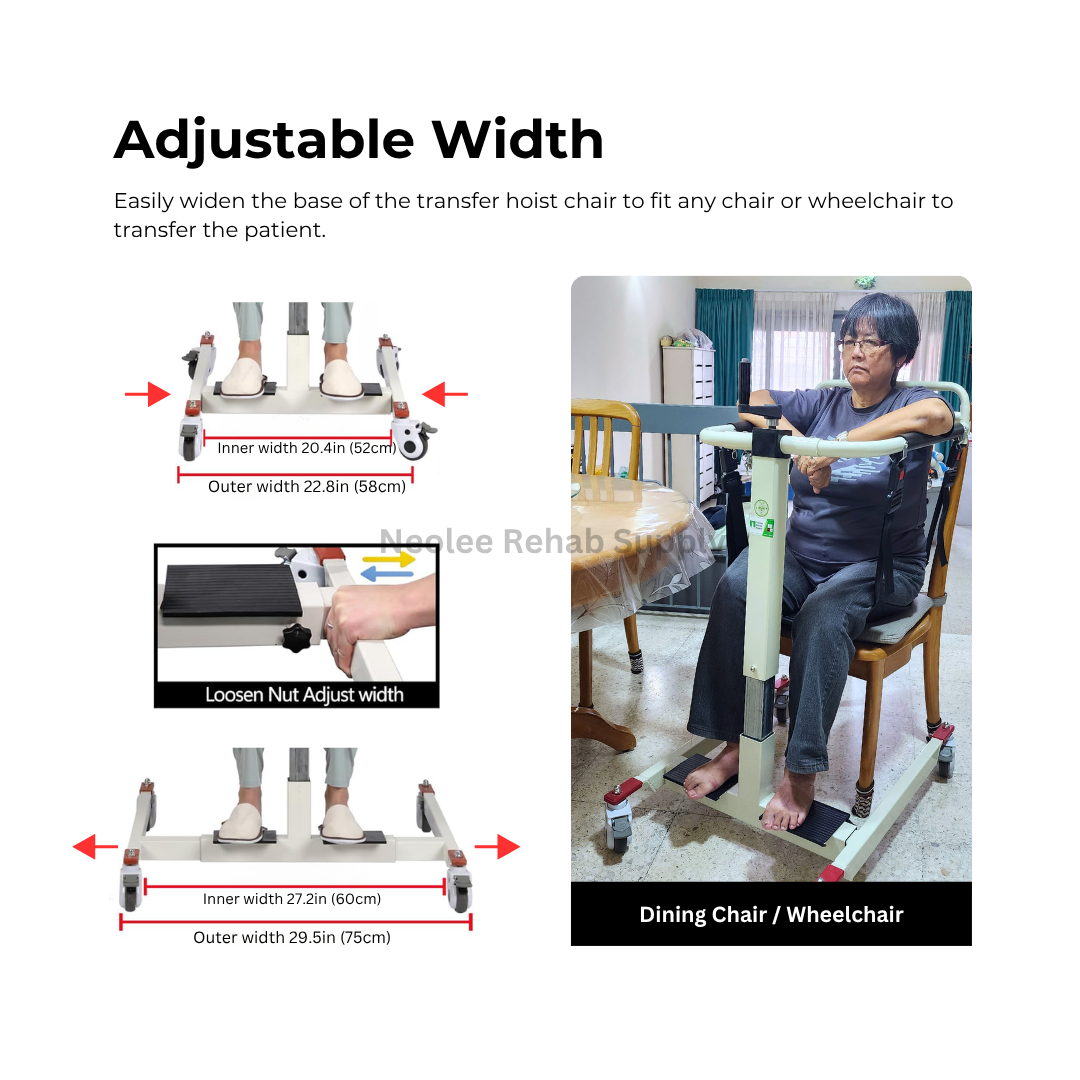 Adjustable-width transfer hoist chair base expanding to fit wheelchairs, dining chairs, and various seating arrangements.