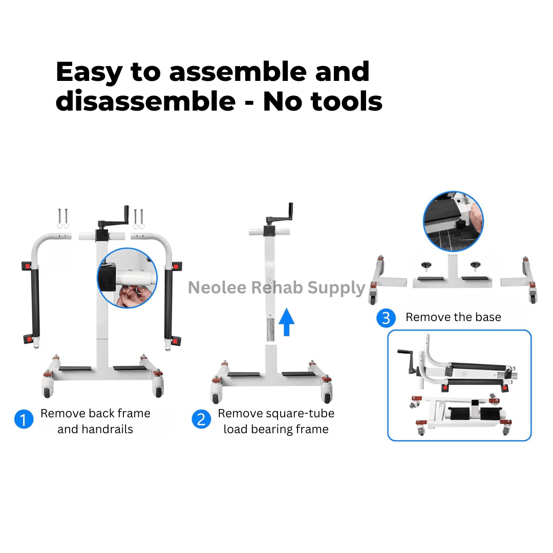 Step-by-step illustration showing tool-free assembly and disassembly process for the transfer hoist chair.