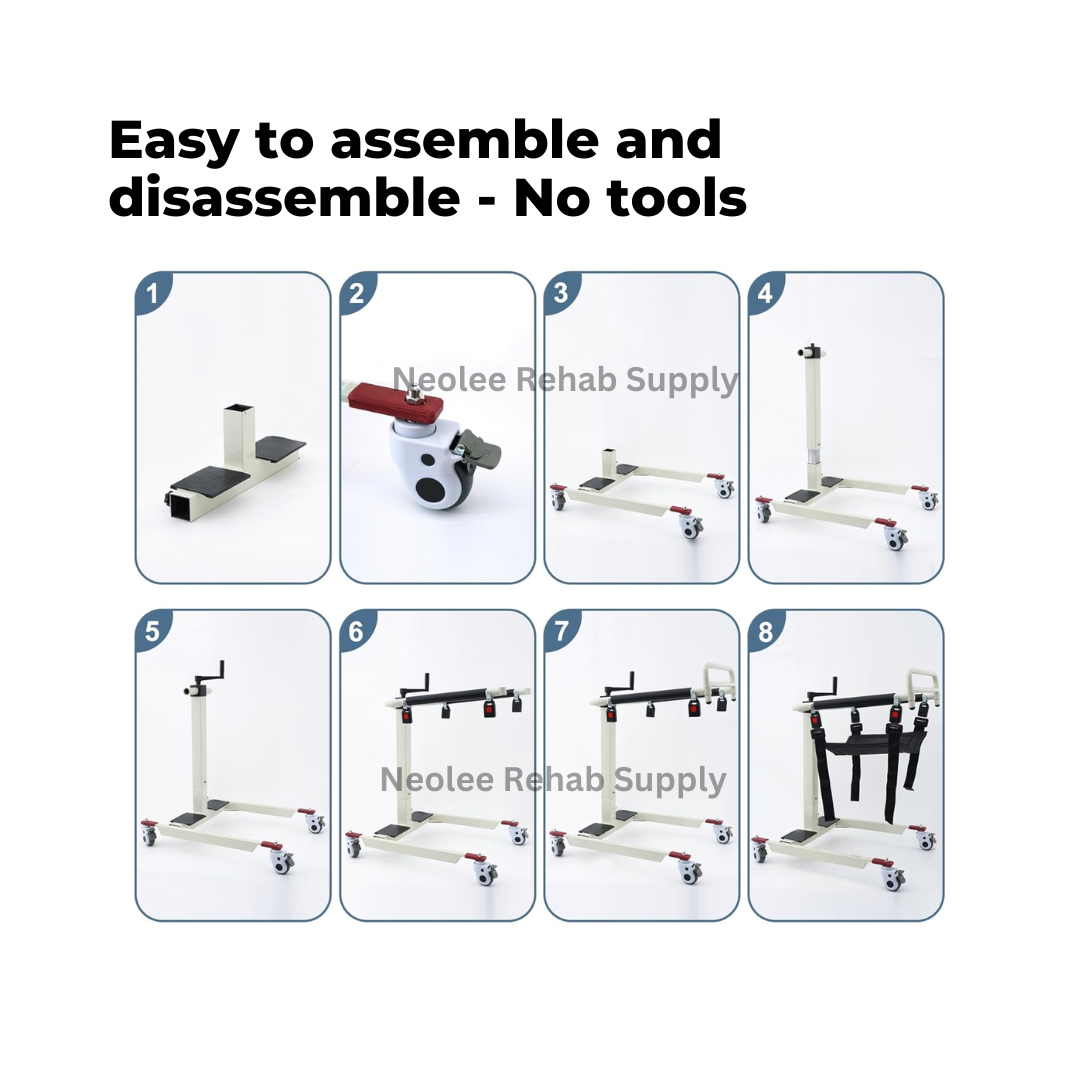 Transfer hoist chair assembly guide demonstrating installation of wheels, frame, support bars, and seat sling without tools.