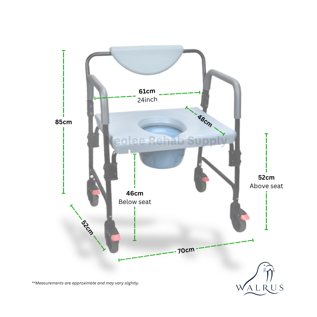 Dimension guide for Walrus ultra wide commode chair by Neolee showing extra-wide seat width, armrest spacing, and overall chair measurements.