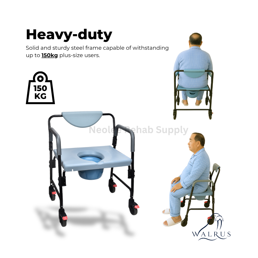 Heavy-duty Walrus commode chair by Neolee supporting bariatric users with reinforced structure, extra-wide seat, and stable support legs.