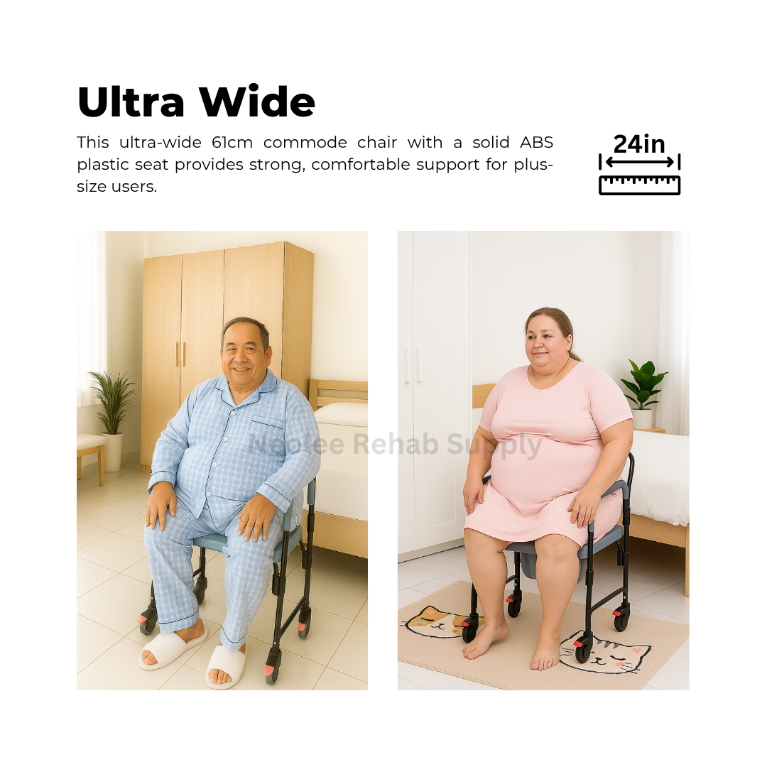 Lifestyle image of Walrus ultra wide commode chair by Neolee demonstrating comfortable seating and mobility support for plus-size elderly users.