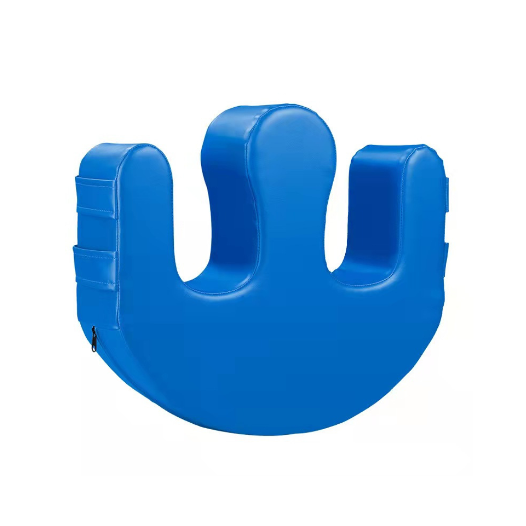 Blue patient turnover cushion for bedridden patient repositioning and caregiver assistance