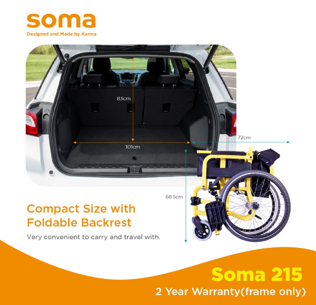 Compact SOMA 215 wheelchair with foldable backrest fitting easily into a car trunk for transport and travel convenience.