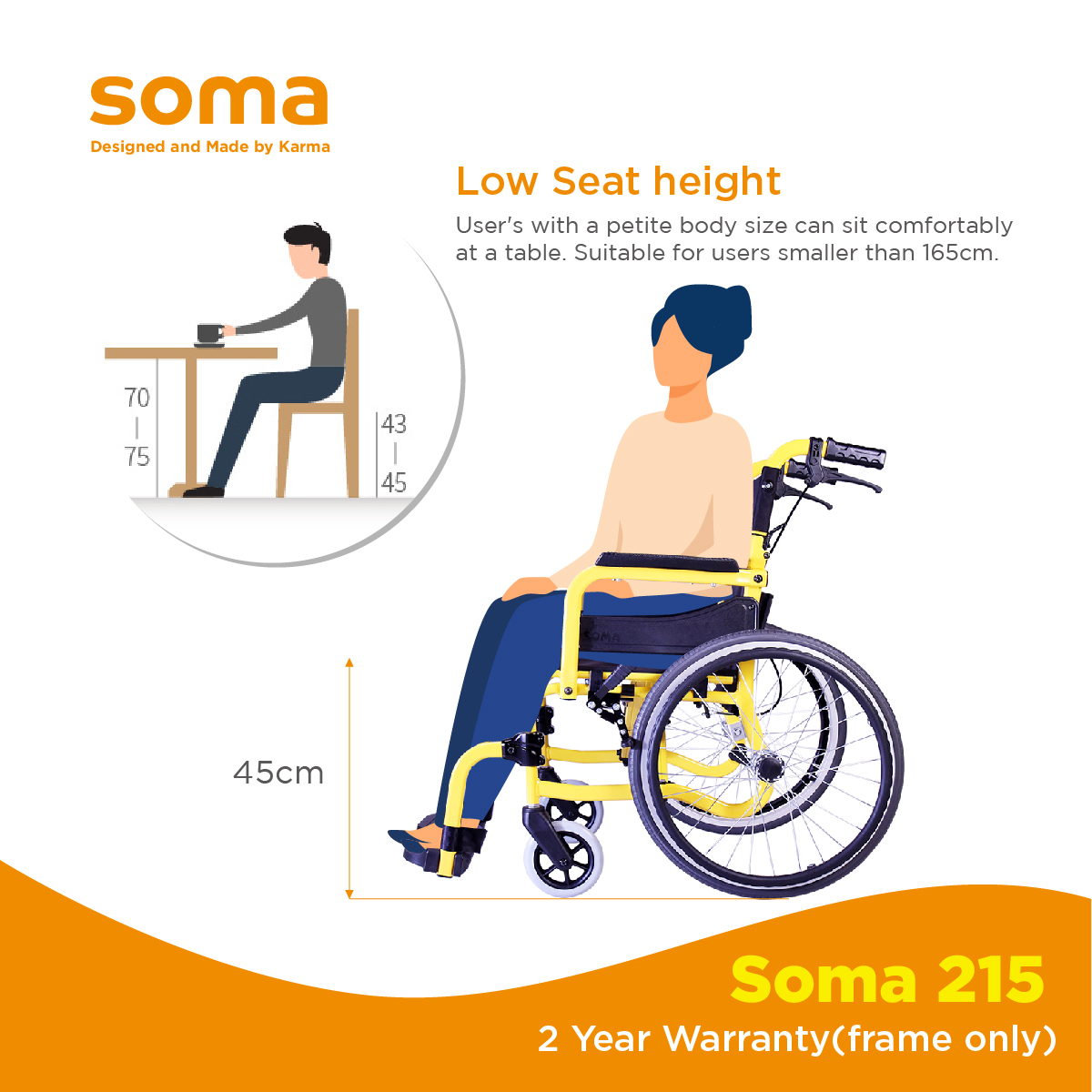 SOMA 215 wheelchair with low seat height design suitable for smaller users and comfortable seated posture support.