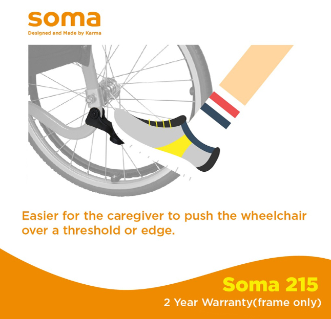 Caregiver-friendly SOMA 215 wheelchair wheel design allowing smoother movement over thresholds and uneven surfaces.
