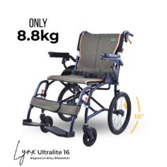 Front view of the Lynx UltraLite 16 magnesium wheelchair weighing only 8.8kg with ergonomic design for daily mobility.
