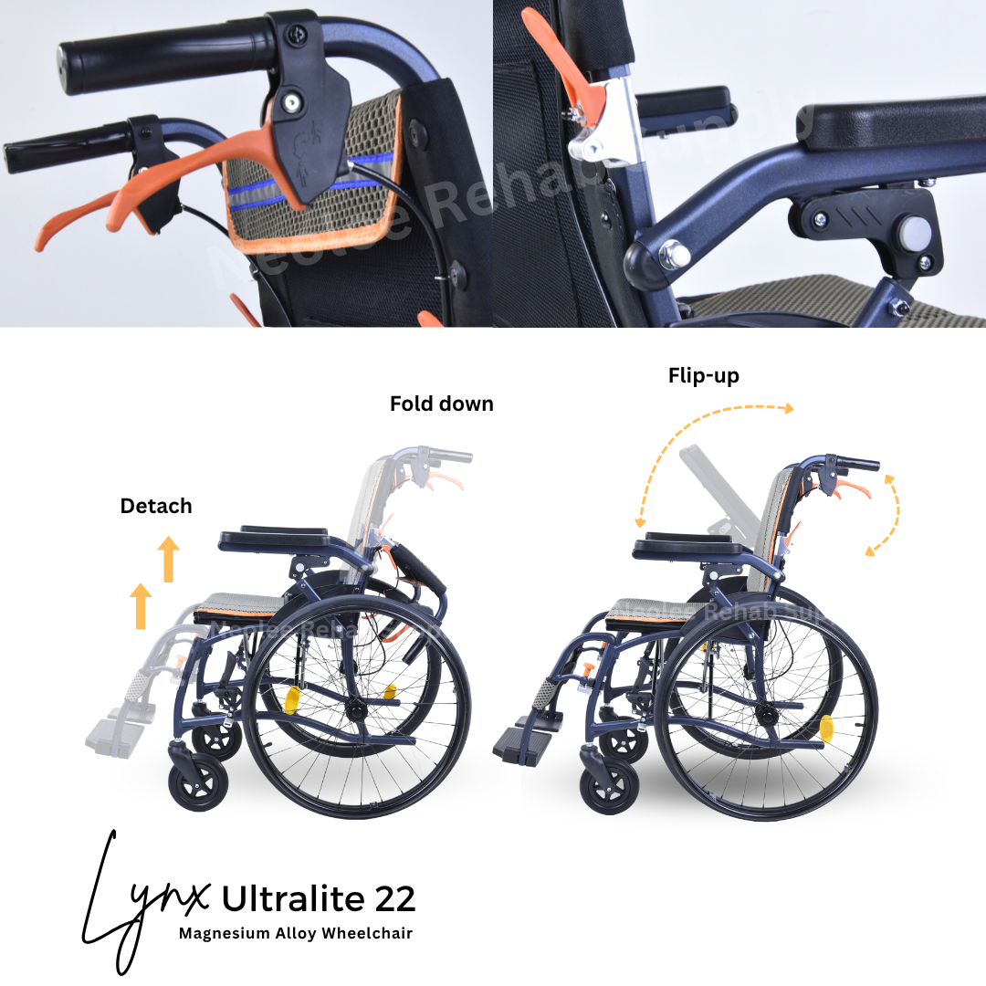Folding mechanism of the Lynx UltraLite 22 lightweight wheelchair demonstrating its compact storage and transport-friendly design.