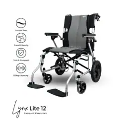 Studio product image of the Lynx Lite 12 lightweight wheelchair accompanied by feature icons highlighting portability, comfort, foldability, and ergonomic support.