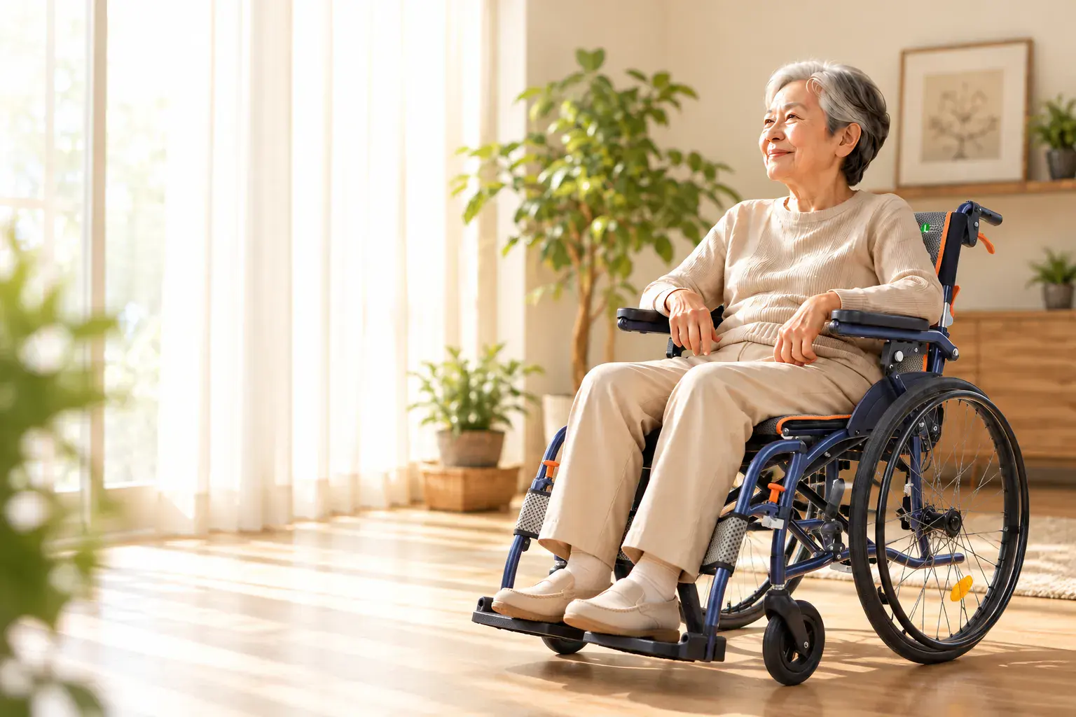 An older woman seated comfortably in a Lynx Ultralite wheelchair in a sunlit home.